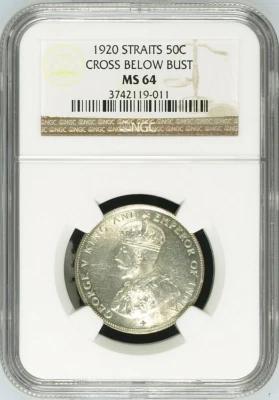 :1920 S50C HALF DOLLAR GEORGE-V STRAITS SETTLEMENTS NGC MS64 RARE BLAST WHITE - Image 1 of 2