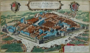 SASSONIA LEIPZIG LIPSIAE INSIGNIS SAXONIAE ACQUAFORTE MARRONE & STEMMA HOGENBERG 1617 - Foto 1 di 1