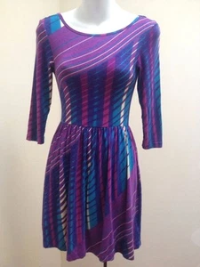 I Love 8H1 S Dress Purple Blue Striped Low Back 3/4 Sleeve Forever 21 New - Picture 1 of 5