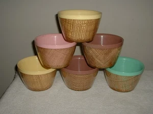 Lot of 6 Vintage Raffia Ware Burlap Bowls 4 1/2" Melamine - Picture 1 of 2