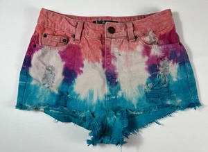 BDG Womens Size 28 Pink Blue Tie Dye Boho High Rise Cheeky Denim Jean Shorts - Picture 1 of 17