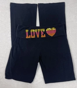 Y2K LOVE Fold Over Yoga Pants Bling Sequin Logo Small Black Flare Leg Spellout - Picture 1 of 11
