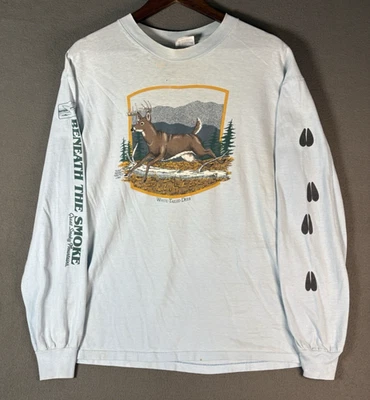 Винтажная футболка 80-х годов на открытом воздухе белый хвост олень синий длинным рукавом мужская XL охота - Изображение 1 из 4
