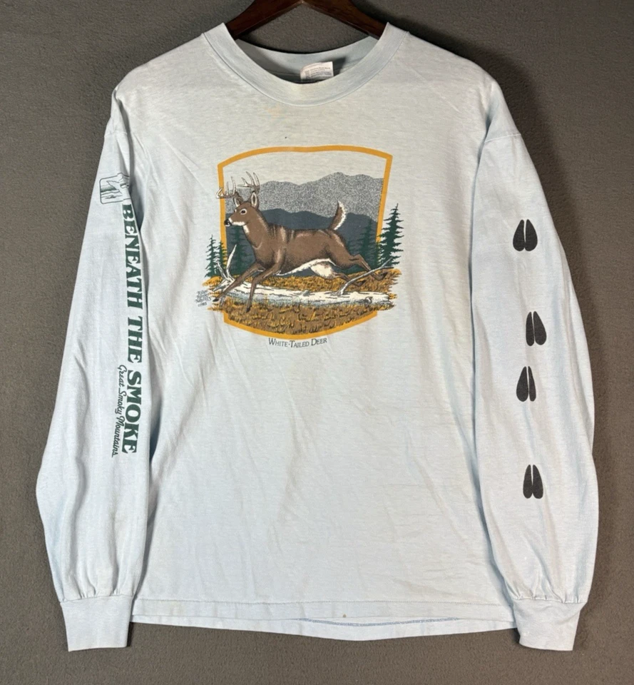Camiseta De Colección Años 80 Exterior Blanco Cola Ciervo Azul Manga Larga Para Hombre XL Caza Foto 1 de 4