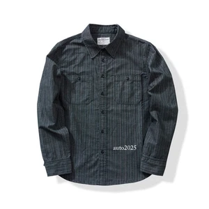 Men's Work Shirt Striped Shirt Vintage Casual Coat Pockets Top Blue Retro - Picture 1 of 12