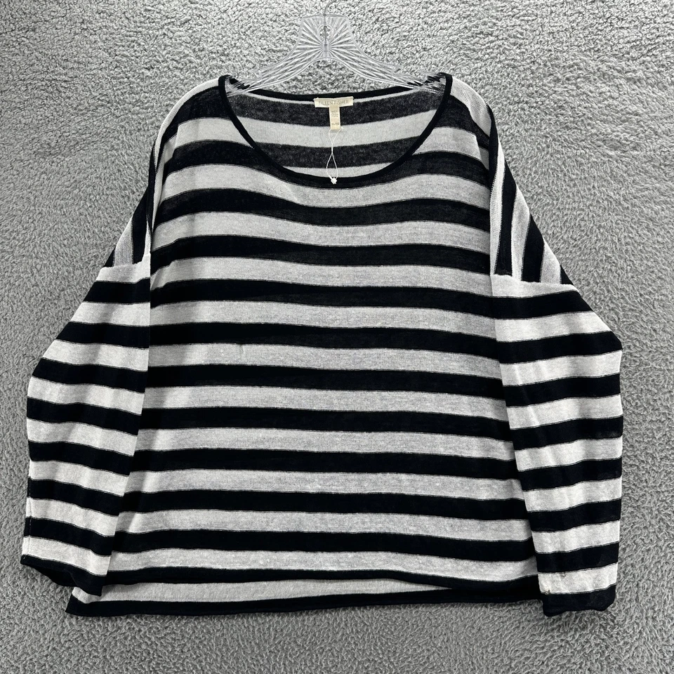 Blusa Top Mujer Eileen Fisher XL Negro Blanco Rayas Manga Larga Lino Foto 1 de 4