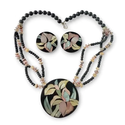 Vintage Lee Sands Inlaid Mother of Pearl Beaded Floral Necklace Earrings Set - Image 1 of 4