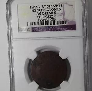 NGC 1767 COPPER "SOU" (12 DENIERS) W/ "RF" COUNTERSTAMP -- FRENCH COLONIES- - Picture 1 of 5