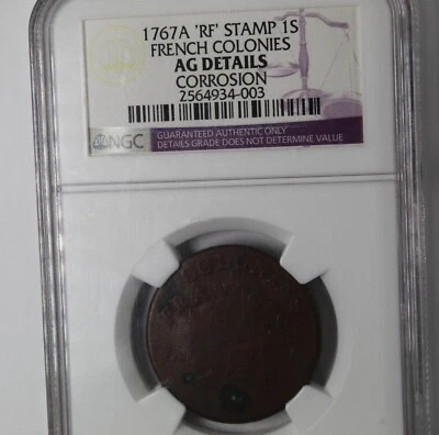 NGC 1767 COPPER "SOU" (12 DENIERS) W/ "RF" COUNTERSTAMP -- FRENCH COLONIES- - Image 1 of 4
