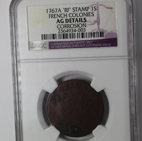 NGC 1767 COPPER "SOU" (12 DENIERS) W/ "RF" COUNTERSTAMP -- FRENCH COLONIES Cover