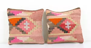 Anatolian Striped Geometric Kilim Rug Pillow Cover, Set of Two Wool Cushion Cove - Picture 1 of 4