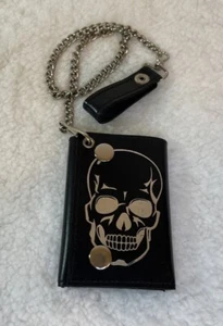 Leatherboss Genuine Leather Men Cool Skull Trifold Wallet Chain Biker, Black - Picture 1 of 6