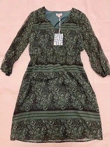 NWT! Market Spruce Green/Blue Long Sleeve V-Neck Floral Knee Length Dress Sz MED - Picture 1 of 8