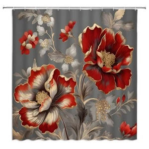 Red Flower Shower Curtain Retro Burgundy Floral Grey Gold Vintage Abstract Bl... - Picture 1 of 6