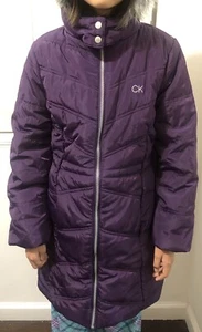 CALVIN KLEIN Girls DARK PURPLE Aerial Hooded Jacket Puffer Coat LARGE 12/14 - Picture 1 of 12