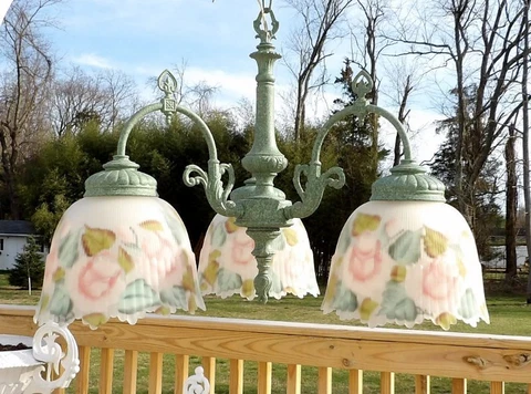 Vintage Antique Victorian Style Green Reverse Pink Rose 3 Glass Shade Chandelier Cover