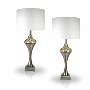 Table lamp, brushed steel, body w/ amber glass, silver socket, Height 33'' - Picture 1 of 2