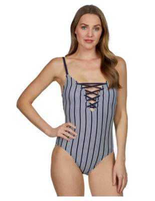 NWT Nautica Navy/White Slimming 1 PC Swimsuit Blue SZ SMALL Criss Cross Neckline - Image 1 of 3