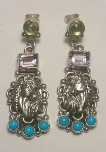 Pendientes Navajo Firmados Oso Corredor Esterlina Peridoto Amatista y Turquesa De Colección - Imagen 1 de 5