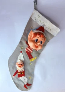 Vintage 1950er Gummi Big Face Pixie Elfe Knie Umarmung Weihnachten Strumpf Filz Japan - Bild 1 von 20