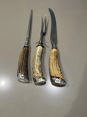 Antique Sterling silver 3 Pc Antler carving set C1900 - Image 1 of 4