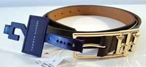 TOMMY HILFIGER - Gürtel Belt Leder schwarz gold TH Logo Gr. L 112 cm USA - Picture 1 of 24