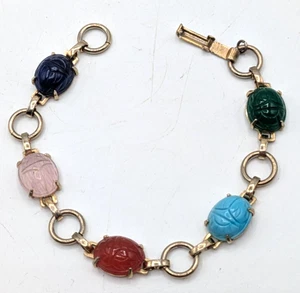 Pulsera Eslabones Escarabajo Tono Dorado Metal Multicolor Vidrio Escarabajos 7" De Colección - Imagen 1 de 5
