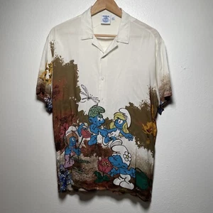 The Smurfs Shirt Men's S Brown Smurfette Cartoon Mushrooms Floral Button-Up NEW - Picture 1 of 13