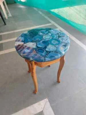 Mesa redonda de ágata azul, mesa auxiliar, mesa de centro, decoración de mesa de patio Foto 1 de 2