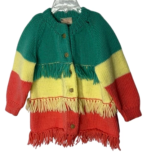 Cárdigan tejido hecho a mano de colección 3T 4T? Suéter Rojo Amarillo Verde Borde Flecos Años 70 60 Foto 1 de 4