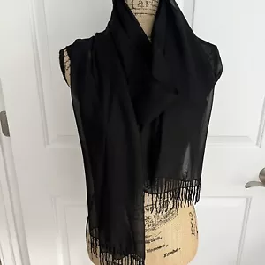 Cejon Black Sheer Beaded Fringe Scarf 74” x 21” Rectangular Wrap Feminine - Picture 1 of 10