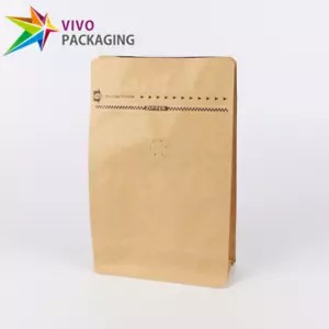 Kraft Paper Box Bottom Coffee Bag, Pull Tab Zip Seal Pouch with Valve (100 pcs) - Picture 1 of 4