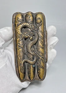 Antikes chinesisches kaiserliches Drachenrelief Messing 3 Zigarren Etui Schatulle versilbert - Bild 1 von 9