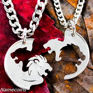 Lion and Lioness Necklace set, interlocking couples jewelry, hand cut coin - Picture 1 of 5