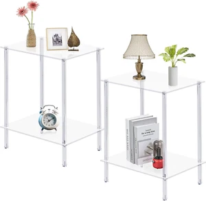 Acrylic Glass Side Tables with 2 Shelve, End Table Set of 2, Nightstands for Tig - Picture 1 of 8