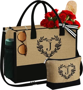 Monogram Jute Tote Bags for Women - Beach Tote Bag with Zipper Makeup Bag Travel - Picture 1 of 13
