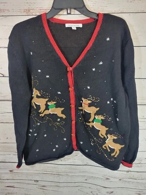 Cárdigan Suéter Mercer Street Studio Negro Feo Navidad Tejido Para Mujer Talla XL Foto 1 de 4