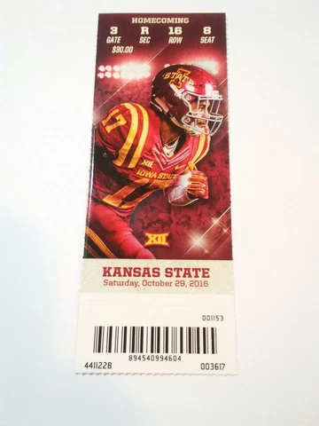 2016 Iowa State Cyclones Kansas State Football Ticket Stub Cover