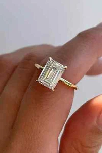 3 Ct Emerald-Cut VS1/G Lab Grown Diamond Solitaire Wedding Rings 14k Yellow Gold - Picture 1 of 5