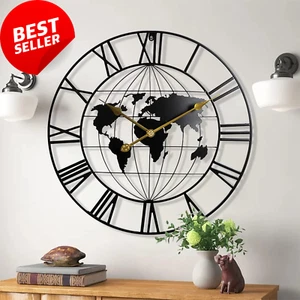 Large World Map Wall Clock 24" Modern Silent Non-Ticking Battery Decor - Picture 1 of 12