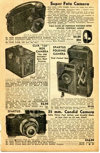 Kleingedruckte Anzeige von Super Foto 1950, Clix 120 Box, Spartus Klapp- & Candid Kamera - Bild 1 von 2