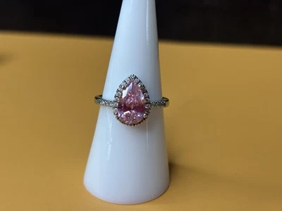 Worn Once . Stunning Pink Pear Shape With White CZ Halo Ring Size 7 - Image 1 of 2