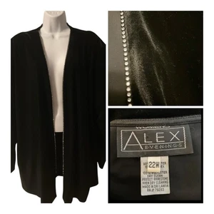 ALEX EVENINGS Womens 22W Black Velvet Rhinestones Long Open Jacket *Excellent* - Picture 1 of 7