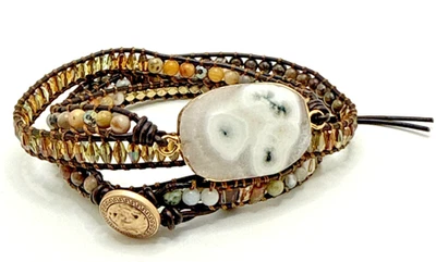 Brazalete envolvente de cuarzo solar boho piedra curativa con cuentas cuero vegano tono dorado 34" Foto 1 de 4