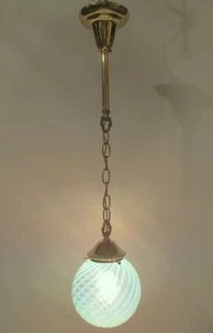 Beautiful brass single pendant light w/ opalescent blue swirl vintage ball shade - Picture 1 of 10