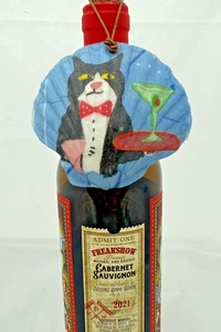 Decoupage Shell Art of Cat Holding Martini Bottle Charm Ornament Trinket Dish - Picture 1 of 4