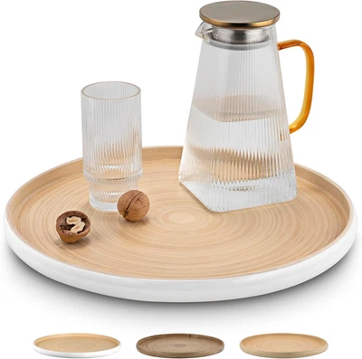 15.7" Bamboo round Serving Tray – Large Handcrafted Wooden Tray for Food, Ottoma - Image 1 of 4