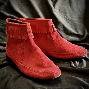 Damen Rot Leder Fransen Stiefel Knöchel Mokassin 10 M Komfort Leichter Reißverschluss Booties - Bild 1 von 11