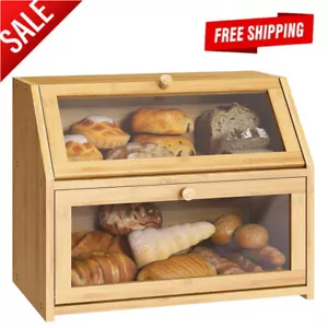 Bread Storage Boxes Kitchen Countertop Container Double Layer Bamboo Wooden Bin - Picture 1 of 8