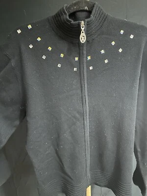 Christine Alexander Black  Full Zip Rhinestones Cardigan Swarovski Crystals L - Image 1 of 4